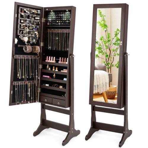 Costway Mirrored Jewelry Cabinet Organizer Storage Stand with LED Lights Clearance - Brown