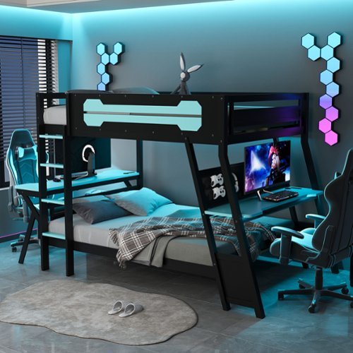 Anysun - Full Size Bunk Bed with Two Built-In Gaming Desks, USB Desktop Ports & Pegboard Organizer, Gaming Bunk Frame for Gamer - Blue-Front_Standard 