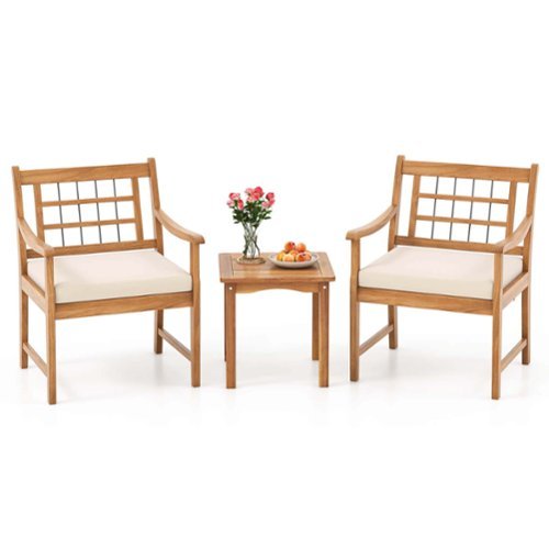 Costway - 3 Pieces Acacia Wood Patio Bistro Set Outdoor Conversation Set with Cushions - Off White,Natural-Front_Standard 