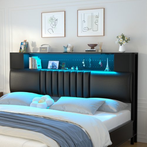 Aheaplus - Queen Size Storage Headboard, Upholstered Headboard with Cabinets, LED Light, and Charging Station - Black-Front_Standard 