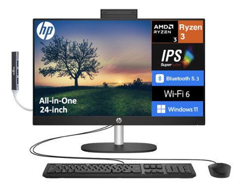 HP - 24 All-in-One 23.8 FHD (AMD Ryzen 3 7320U, 8GB LPDDR5, 512GB SSD, AMD Radeon, Win 11 Home) w/USB Hub - Jet Black-Front_Standard 