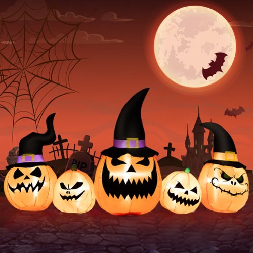 Costway - 8 Ft Tall Inflatable Pumpkin Family Waterproof Halloween Yard Decoration w/LED Lights - Orange/Black
