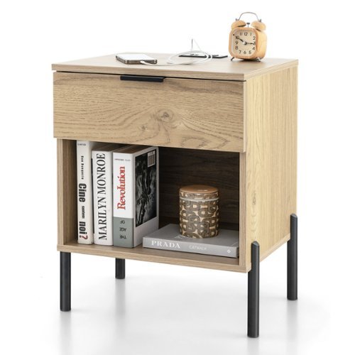 Costway - 1PC Nightstand with Charging Station Drawer Compartment Modern Side End Table - Natural