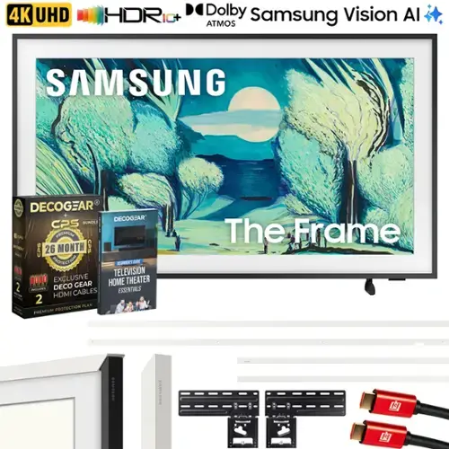 4K UHD HDR10+ Dolby Atmos Samsung Vision AI

SAMSUNG The Frame

DECOGEAR CPS BUNDLE PREMIUM
26 MONTH PROTECTION PLAN

EXCLUSIVE DECOGEAR HDMI CABLES 2

TELEVISION HOME THEATER ESSENTIALS

DECOCGEAR CPS

BEGINNER'S GUIDE