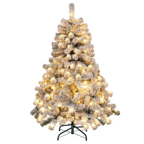 Costway - 4.5ft Pre-Lit Premium Snow Flocked Hinged Artificial Christmas Tree w/150 Lights - Green/White