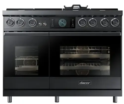 Front. Dacor - Contemporary 6.6 Cu. Ft. Slide-In Double Oven Dual Fuel Four-Part Pure Convection Range with GreenClean and Griddle - Graphite Steel.