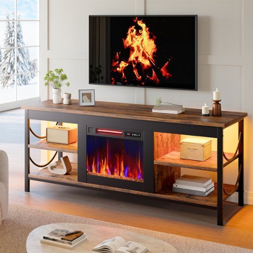 Pinmoco - Electric Fireplace TV Stand Fit for TVs up to 65 Inch Gaming Entertainment Center with Open Storage Shelves - Rustic Brown-Front_Standard 