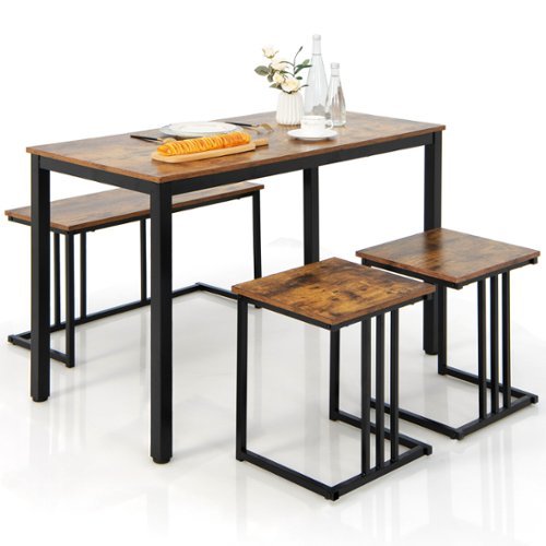 Costway 4 Piece Dining Table Set Industrial Kitchen Table Set W/ Bench & 2 Stools for 4 - Brown