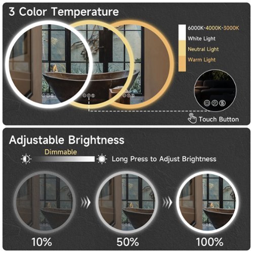 LOVMOR 24 x 24 Inches Round Tempered Glass LED Bathroom Mirror with Anti-Fog & 3-Color Dimmable Lighting - Silver GLOBAL SHIPPING