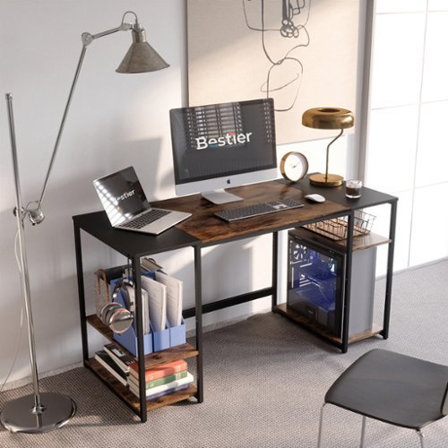 Bestier - Computer Desk with 4 Storage Shelves and Splice Tabletop - 55" wide - Rustic Brown-Front_Standard 