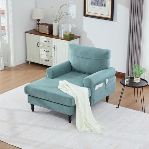 Trinkets Crazed - Chenille Fabric Chaise Lounge Recliner Single Sofa Living Room Bedroom Rest Chair Wooden Sofa Legs - Mint Green-Front_Standard 