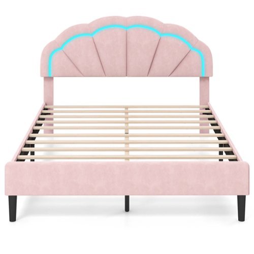 Costway Queen Size Upholstered LED Bed Frame Soft Velvet Platform Bed with Flower Headboard - Pink