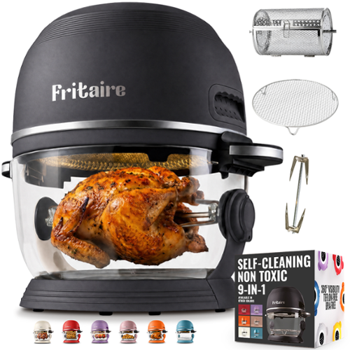 Fritaire - Non-Toxic Air Fryer - Glass Air Fryer, 5qt, Teflon-Free, PFOA- Free, w/ Accessories - Rotisserie and Tumbling Basket - Midnight Black-Front_Standard 