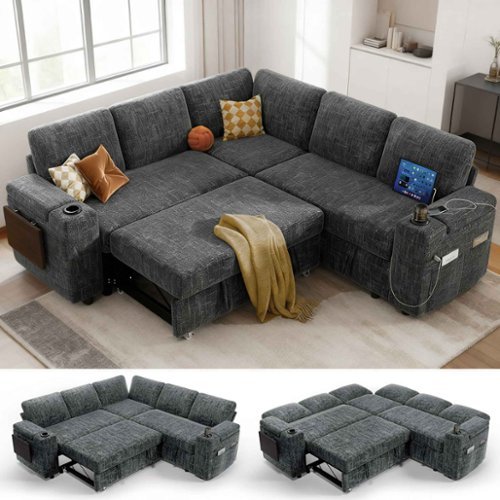 Dyonery - 85" Modular Sectional Sleeper Sofa with Pull Out Bed, 5 Seat L Shaped with Reclining Backrest,Chenille Gray - Beige-Front_Standard 