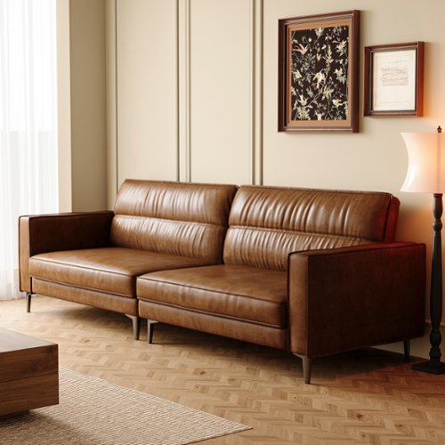 luck idea - Luxury Vintage Oil-Waxed Leather Sofa 86.61" Sturdy Frame & Couch Comfortable Seating-High-End Living Room Couch - Brown-Front_Standard 