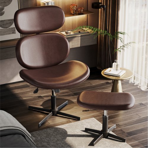 Bestier Modern Armless Ergonomic Rocking Lounge Chair 360° Swivel Accent Chair with Ottoman PU Reclining Chair - Brown