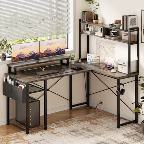Aheaplus - Small Reversible L-Shaped Gaming Desk: LED Lights, Power Outlets, Monitor Stand & Storage for Home Office Corner - Gray Oak-Front_Standard 