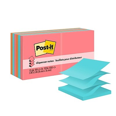 Post-it - Pop-up Notes, 3" x 3", Poptimistic Collection, 100 Sheet/Pad, 12 Pads/Pack - Aqua Splash, Guava, Vital Orange