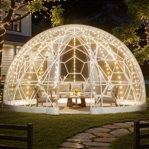 VEVOR - Outdoor clear bubble tent, 15 x 9.5 ft Outdoor Clear Bubble Tent for 10-14 Person, Weatherproof Geodesic Dome Greenhouse - White + Transparent-Front_Standard 