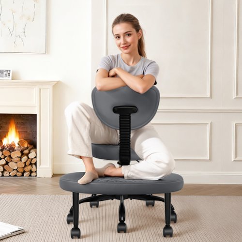 KERDOM - Ergonomic Wide Cross Legged Office Chair with Wheels, Yoga Meditation Chair Kneeling Chair, ADHD Desk Chair PU Leather - Gray-Front_Standard 