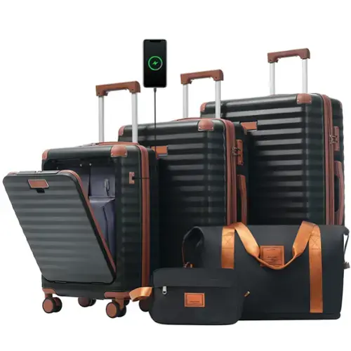 Front. Ecooso - 5-Piece Expandable ABS Spinner Luggage Set with TSA Lock, USB Port Carry-On, Cup Holder, Duffel, and Toiletry Bag - Black Brown.