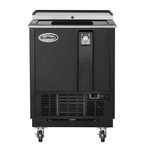 Front. Koolmore - 25 in. Commercial Bottle Cooler in Black with Built-In Opener, ETL Listed, 5 cu. ft. (KM-BOC25-BK) - Black painted steel.