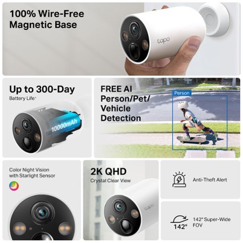 TP-Link Tapo Wire-Free Indoor/Outdoor 2K Smart Security Cameras, Magnetic Base (3-pack) No Fees - White GLOBAL SHIPPING