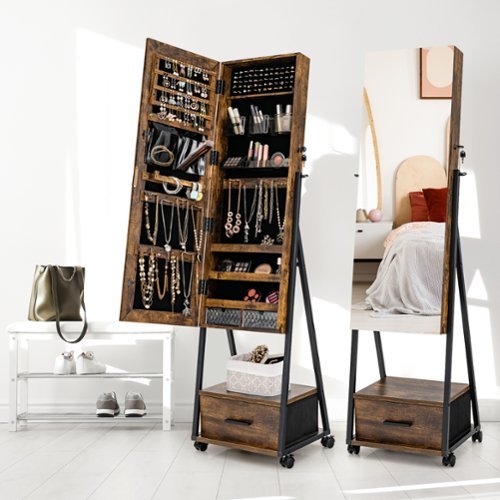 Costway Jewelry Cabinet Armoire Full Length Mirror Lockable w/ Bottom Drawer & Wheels - Coffee