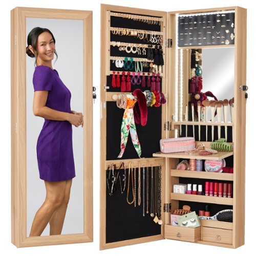 Best Choice Products - Hanging Mirror Jewelry Armoire, Door or Wall Mounted Cabinet w/ LED Lights, Lock - Natural Oak-Front_Standard 