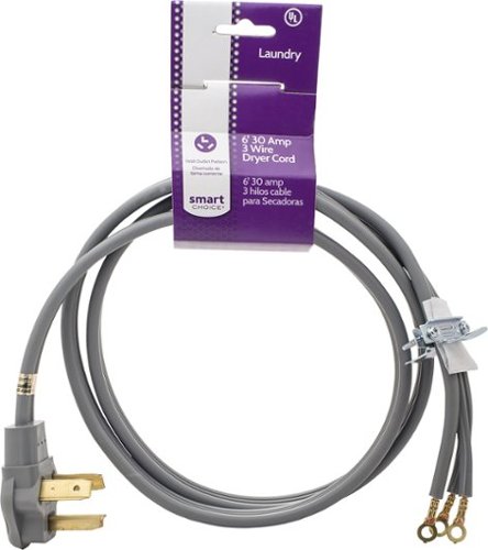 Smart Choice - 6' 30 Amp 3-Prong Dryer Cord Required for Hook-Up - Gray