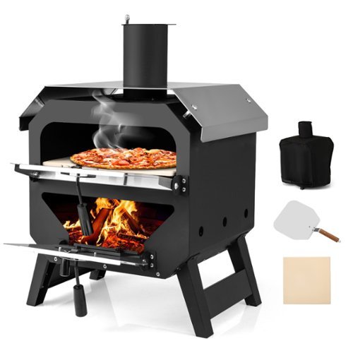 Gymax - 12'' Outdoor Pizza Oven w/ Pizza Stone Pizza Peel & Oxford Cloth Cover - Black-Front_Standard 