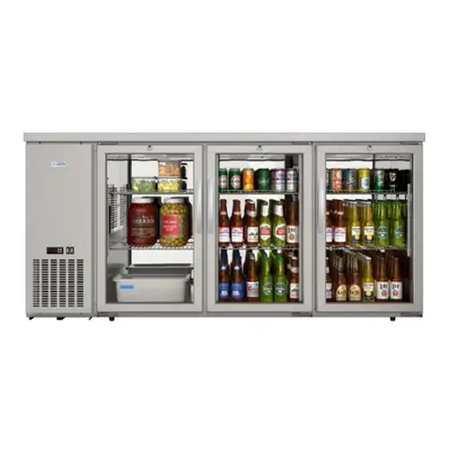 The refrigerator is stocked with a variety of beverages, including beer and soda. There are multiple bottles of beer, with some placed in the top and middle sections of the refrigerator. The refrigerator also contains several bottles of soda, with some placed in the top and middle sections as well. The refrigerator is well-stocked and ready for use.