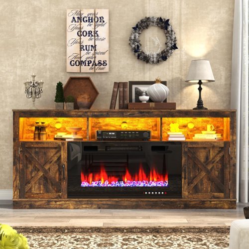 Lent Glitter Wood - 70" Farmhouse TV Stand with Electric Fireplace, LED Lights & Barn Door Storage - Brown-Front_Standard 