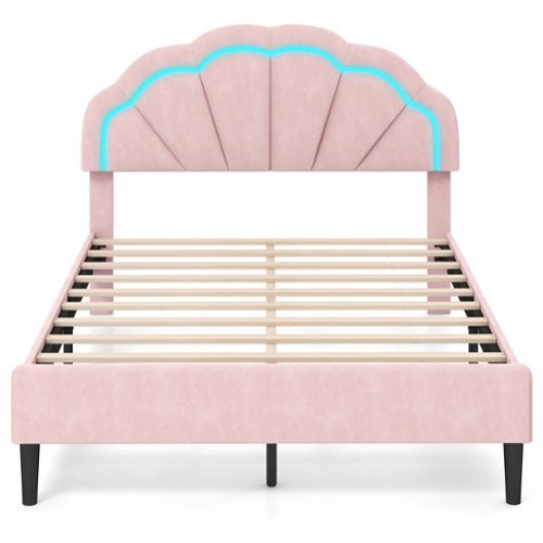 Costway Full Size Upholstered LED Bed Frame Soft Velvet Platform Bed with Flower Headboard - Pink