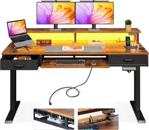 AODK - Standing Desk with Storage Drawers, Keyboard Tray, Power Outlets and LED Lights - Brown-Front_Standard 
