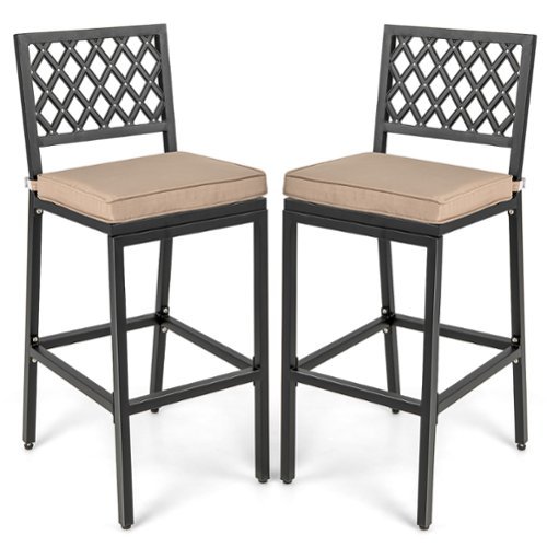 Costway Set of 2 Outdoor Bar Height Dining Chairs Patio Metal Bar Stools with Cushion - Black/Beige
