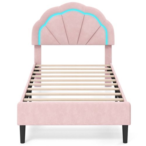 Costway Twin Size Upholstered LED Bed Frame Soft Velvet Platform Bed with Flower Headboard - Pink