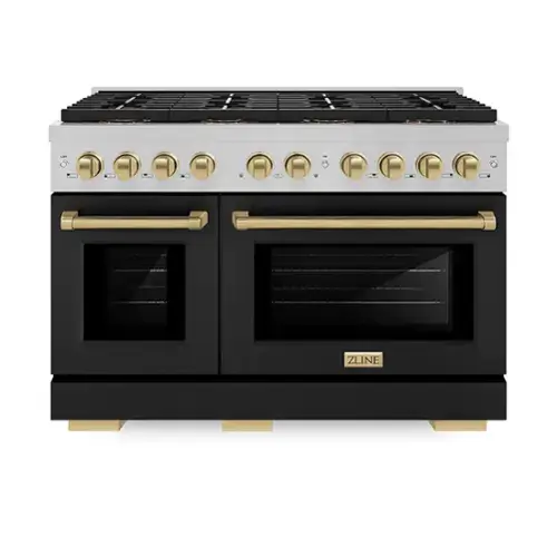 Front. ZLINE - Autograph 48 in. 6.7 cu. ft. Freestanding Paramount Gas DuoPro Range in Satin Steel with Black Doors & Bronze Accents - Black Matte.