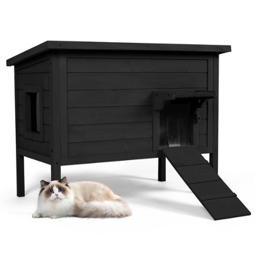 FODINGHILL - Insulated Outdoor Cat House for Multiple Pets, Weatherproof Wood Shelter with Foldable Ladder & Acrylic Window, Black-Front_Standard 