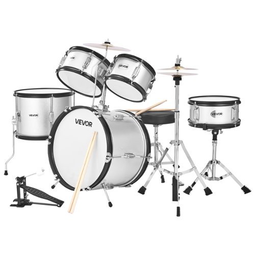 VEVOR - Kids Drum Set, 5-Piece 16 in Junior Drum Sets, Beginner Drums Set with Adjustable Throne, Cymbal - Silver-Front_Standard 
