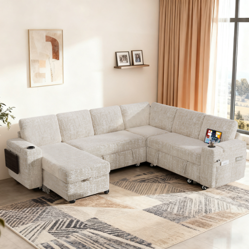 Dyonery - 110" Modular Sectional Sofa with Pull Out Bed,Chenille Fabric 7 Seat Sectional Sofa with Storage,for Living Room - Beige-Front_Standard 