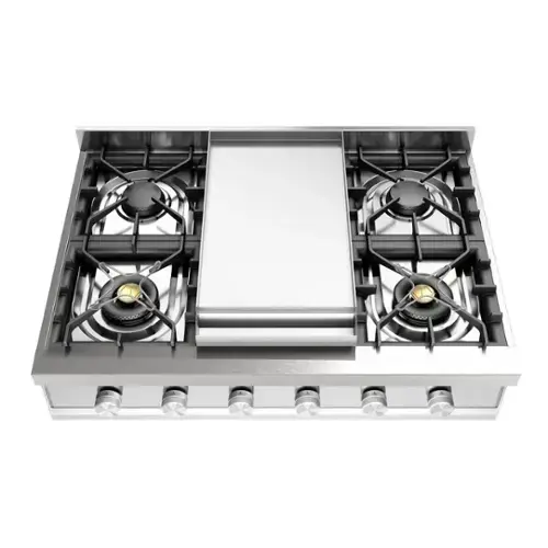Front. ILVE - ILVE Professional Plus II Series 36 in. Gas Rangetop with 6 Sealed Burners + Griddle (Liquid Propane, Satin Trim) - Stainless Steel.