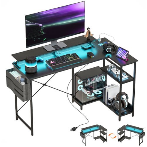Homcom - 58" L Shaped Gaming Desk with Power Outlets and LED Lights, Reversible Computer Desk with Monitor Stand - Black-Front_Standard 