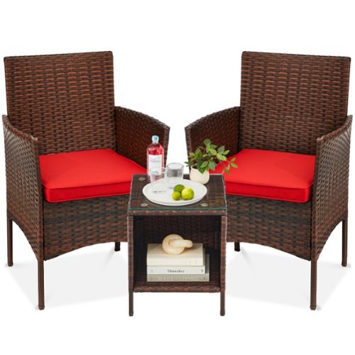 Best Choice Products - 3-Piece Outdoor Wicker Conversation Patio Bistro Set, w/ 2 Chairs, Table - Brown/Red-Front_Standard 