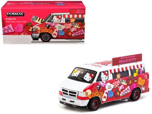  Dodge Van "Hello Kitty Food Truck" with Graphics "Global64" Series 1/64 Diecast Model by Tarmac Works - White and Red