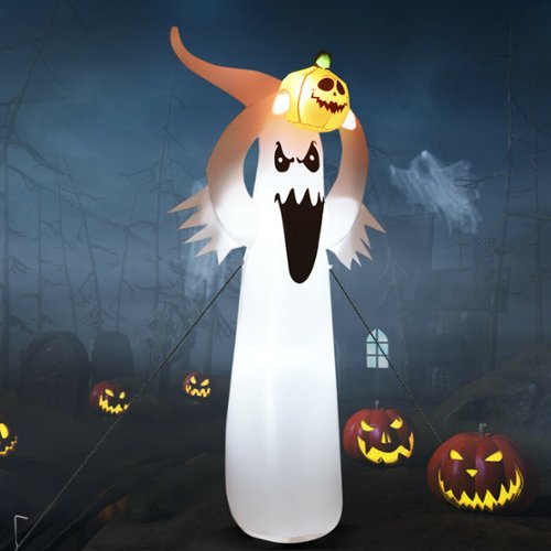 Costway - 6FT Halloween Inflatable Blow Up Ghost w/ Pumpkin LED Lights Yard Decoration - White/Black