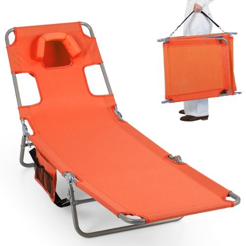 Costway - Patio Tanning Chair,Folding Beach Lounge Chair with 5-Position Adjustable Backrest - Orange-Front_Standard 
