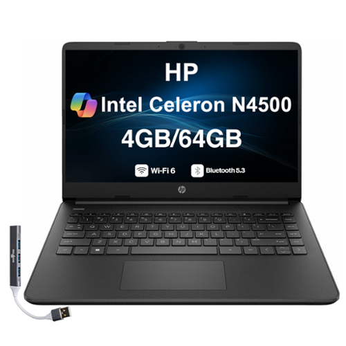 HP - 14 Laptop 14.0 HD (Intel Celeron N4500, 4GB DDR4, 64GB SSD, Intel UHD, Win 11 Home S-Mode) w/USB Hub - Jet Black-Front_Standard 