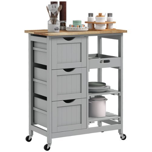 Homcom - Rolling Kitchen Island Cart, Bar Serving Cart, Compact Trolley on Wheels with Wood Top, Shelves & Drawers for Dining - Gray-Front_Standard 