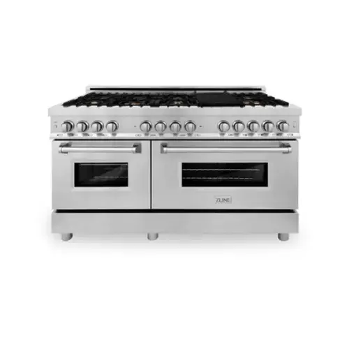 Front. ZLINE - 60" Legacy Dual Fuel Range w/ Gas Cooktop & 2 Electric Ovens w/ 8 Brass Burners (RA-BR-60) - Stainless steel look.